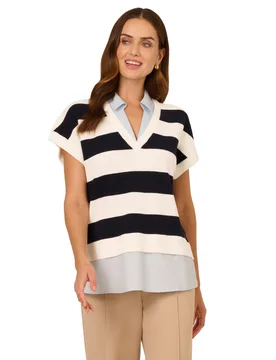 Womens Rugby Striped V-Neck Vest Twofer Sweater W/ Woven Combo - Multicolour - Size X-Large - Adrianna Papell - FashionsVida