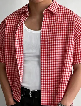 Camisa casual holgada de manga corta a cuadros para hombres, adecuada para ir al trabajo M - Shein - FashionsVida