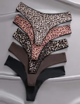 Set de 5 piezas de tangas lisos y con estampado de leopardo para mujer - Shein - FashionsVida