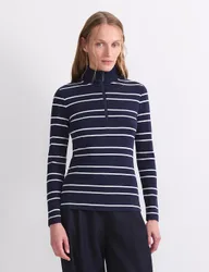 Pure Cotton Striped Funnel Neck Half Zip Top Navy Mix female