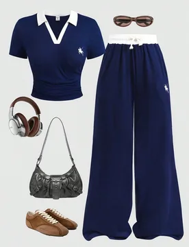 Conjunto de 2 piezas para adolescentes con top de manga corta ajustado de cuello polo de color contrastante y falda fruncida en la cintura, azul marin - Shein - FashionsVida