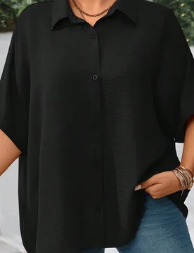 Blusa negra formal de oficina para mujer talla grande, color liso, manga murciélago, holgada, abotonada sencilla, estilo casual tradicional, para vac - Shein - FashionsVida