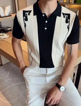 Summer Korean Fashion Trend Slim Fit Men's Color Blocking Pleated Ethnic Style Jacquard Short Sleeved Knitted Polo Shirt - Aliexpress - FashionsVida
