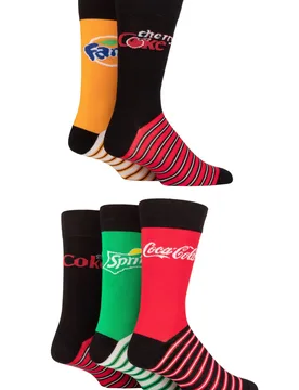 Mens and Women's 5 Pair Coca-Cola, Diet Coke, Fanta, Sprite and Cherry Coke Socks Assorted 4-8 Ladies - Assorted - Size: Small - Coca Cola - FashionsVida