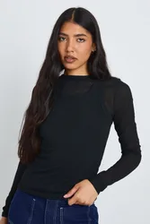 Womens Tall Double Layer Sheer Rib Racer Long Sleeve Top - Black - Size 10 Uk