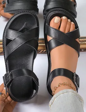 Sandalias de plataforma de unicolor para mujer, con suela gruesa, sandalias de verano casuales con hebilla, sandalias cómodas de punta abierta, sanda - Shein - FashionsVida