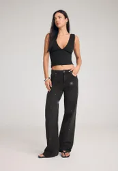 Straight-Fit-Jeans mit Glitzer SCHWARZER DENIM-WASHED-LOOK 42