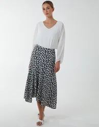 Floral Print Asymmetric Midi Skirt - 16 / BLACK - female