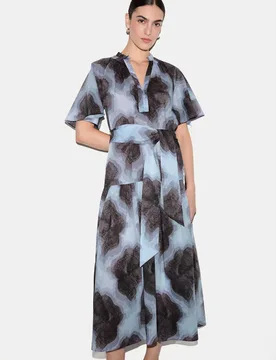 Pure Cotton Printed V-Neck Midi Waisted Dress Blue Mix female - Jigsaw - FashionsVida