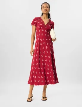 Floral V-Neck Midi Tea Dress Burgundy Mix female - Whistles - FashionsVida