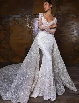 Shiny Wedding Dress With Detachable Train Sexy Sweetheart Full Sleeves Mermaid Bridal Gown Customized Garden robe de mariée - Aliexpress - FashionsVida
