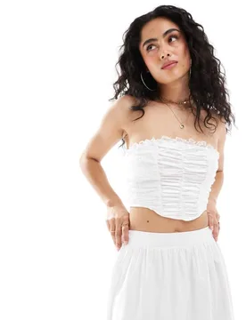 Womens Satin Lace Ruched Bandeau Top In Cream - White - Size 18 Uk - Miss Selfridge - FashionsVida