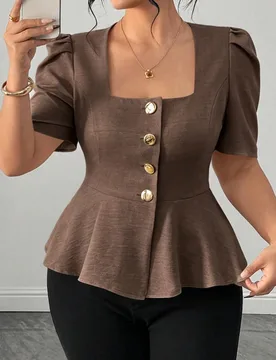 Blusa de mujer de moda con cuello cuadrado, mangas abullonadas y volantes, botones dorados, cintura alta, manga corta, para ir a la oficina, casual, f - Shein - FashionsVida