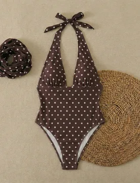Traje de baño de dos piezas de mujer con lunares sexy, escote asimétrico y espalda descubierta de gasa, traje de baño de una pieza para vacaciones - Shein - FashionsVida