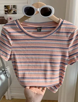 Camiseta ajustada de manga corta con rayas de colores para mujer L - Shein - FashionsVida
