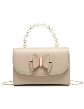 Women's Pearl Top Handle Tie Pu Clutch Bag in Beige - Beige - Size: One Size - JFY - FashionsVida