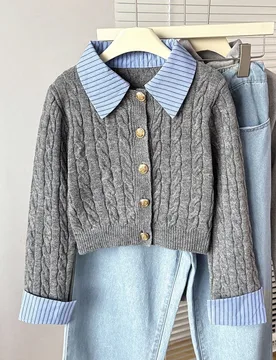 Cárdigan casual con cable trenzado para niña preadolescente, elegante suéter 2 en 1 con solapa para la vuelta al colegio, estilo preppy de otoño c - Shein - FashionsVida