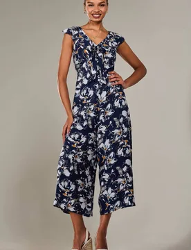 Women's Frill Tie-front Jumpsuit in Mid Navy Size: 10 - Mid Navy - Size: 10 - Jolie Moi - FashionsVida