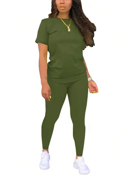 Conjunto de camiseta de manga corta y pantalones de unicolor elegante para mujer en verano XXL - Shein - FashionsVida
