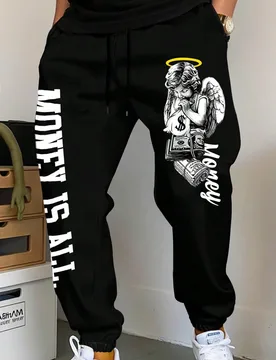 Pantalones de chándal casuales con cordón en la cintura y bolsillos, con estampado de ángel y letras para hombre, ropa de calle con gráficos, para - Shein - FashionsVida