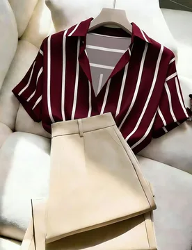 Conjunto de 2 piezas para mujer con camisa de manga corta a rayas y pantalones beige lisos, estilo casual elegante de verano para oficina, vacaciones, - Shein - FashionsVida