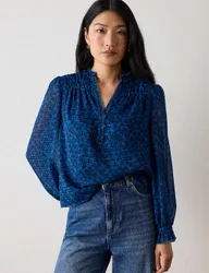 Ditsy Floral Textured V Neck Blouse Blue Mix female