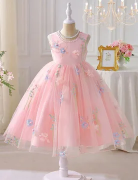 Vestido de princesa dulce y elegante para niñas, con cuello redondo, decoración de perlas falsas, sin mangas, espalda en V, cintura con lazo, bordad - Shein - FashionsVida