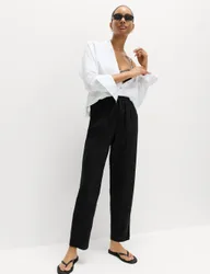 Linen Rich Elasticated Waist Tapered Trousers Black female
