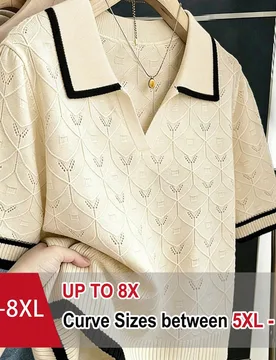 Top de punto tipo polo de manga corta con cuello de solapa, color albaricoque, estilo minimalista casual para mujer de talla grande, uso diario, ir al - Shein - FashionsVida