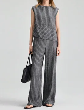 Piezas Conjunto de blusa y pantalones a rayas azul marino y blanco para mujer, de tela suave y cómoda, corte holgado, moda urbana elegante, atuendo c - Shein - FashionsVida