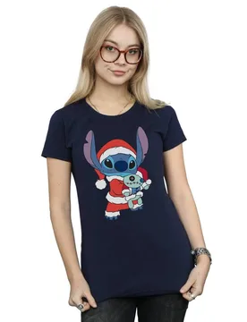 Women's Lilo & Stitch Stitch Christmas Cotton T-Shirt in Navy Size: Large - Navy - Size: L - Disney - FashionsVida