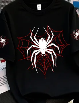 Camiseta básica de manga corta con estampado de araña estilo americano, adecuada para primavera y verano, para adolescentes 12Y - Shein - FashionsVida