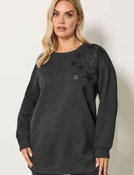 Women's Eyelet Star Detail Sweatshirt in Grey Size: 26-28 - Grey - Size: 26-28 - Yours - FashionsVida