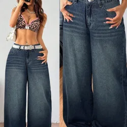 Jeans anchos de pierna ancha, sueltos y casuales con bolsillo de unicolor para mujer XXL