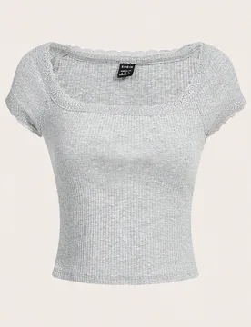 Camiseta de manga raglán de verano con adorno de encaje y punto de canalé S - Shein - FashionsVida