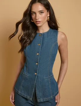 Womens Denim Waistcoat Top - Indigo Blue - OASIS - FashionsVida