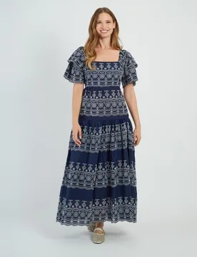 Vestido largo, escote cuadrado y manga corta - Derhy - FashionsVida