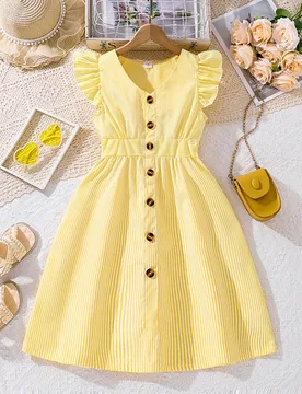 Vestido de verano para niña preadolescente con cuello en V, mangas de estilo boina y cintura ceñida a rayas - Shein - FashionsVida
