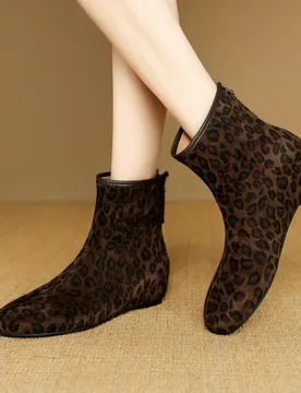 Women's new leather sheep suede round toe back zipper leopard print with increased height in the middle heel Chelsea short boots - Aliexpress - FashionsVida