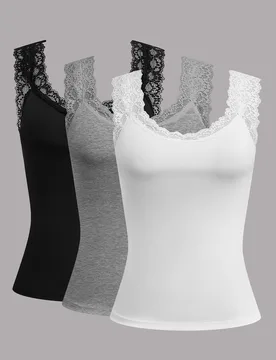 Top informal de tirantes para mujer de talla grande, de unicolor con encaje en contraste y cuello redondo, para el verano 4XL - Shein - FashionsVida