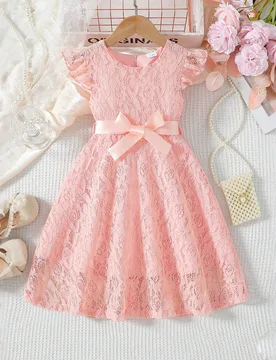 Vestido de encaje dulce para niñas jóvenes con mangas tipo gorra, cuello redondo, unicolor con cinturón, elegante para fiestas, bodas, verano 5Y - Shein - FashionsVida