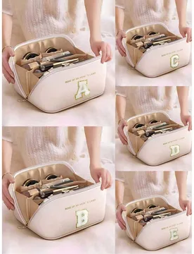 Bolsa de maquillaje de viaje de alta calidad de PU, bolsa de maquillaje con diseño de letra, organizador de viaje multifuncional, bolsa de maquillaje - Shein - FashionsVida