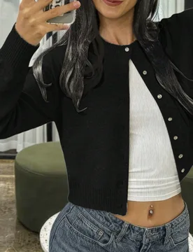 FOR BEAUTY Cárdigan de punto de manga larga con cuello redondo y botones retorcidos para mujer, chaqueta suéter negra casual holgada y cómoda, top - Shein - FashionsVida
