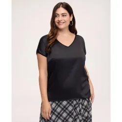 Camiseta de mujer bimatérica con escote en v y mangas cortas