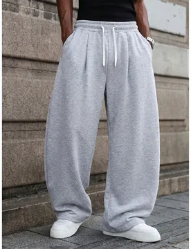 Pantalones de chándal de pierna ancha con cordón gris con estampado floral para hombre, cintura elástica con cordón blanco, pantalones largos depo - Shein - FashionsVida