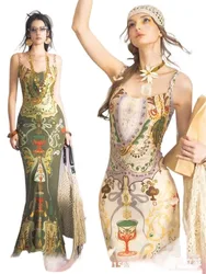 Printed high-waisted webbing spliced halter fishtail dress