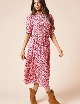 Women's Petite Floral Shirred Bodice Puff Sleeve Midi Dress in Pink Size: 8 - Pink - Size: 8 - Dorothy perkins - FashionsVida