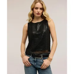 Top de mujer de red con lentejuelas ajuste boxy con top interno