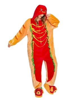 Hot Dog Pajamas Food Onesie Plush Warm One Piece Homewear For Adult Halloween Sleepwear Party - Costume+Slippers / S - OLAOLA - FashionsVida