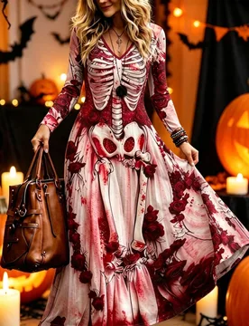 Vestido Maxi de Línea A de Manga Larga con Estampado de Esqueleto, Bruja Gótica y Rosa para Mujer Talla Grande,Atuendo Casual de Temporada Espeluzna - Shein - FashionsVida